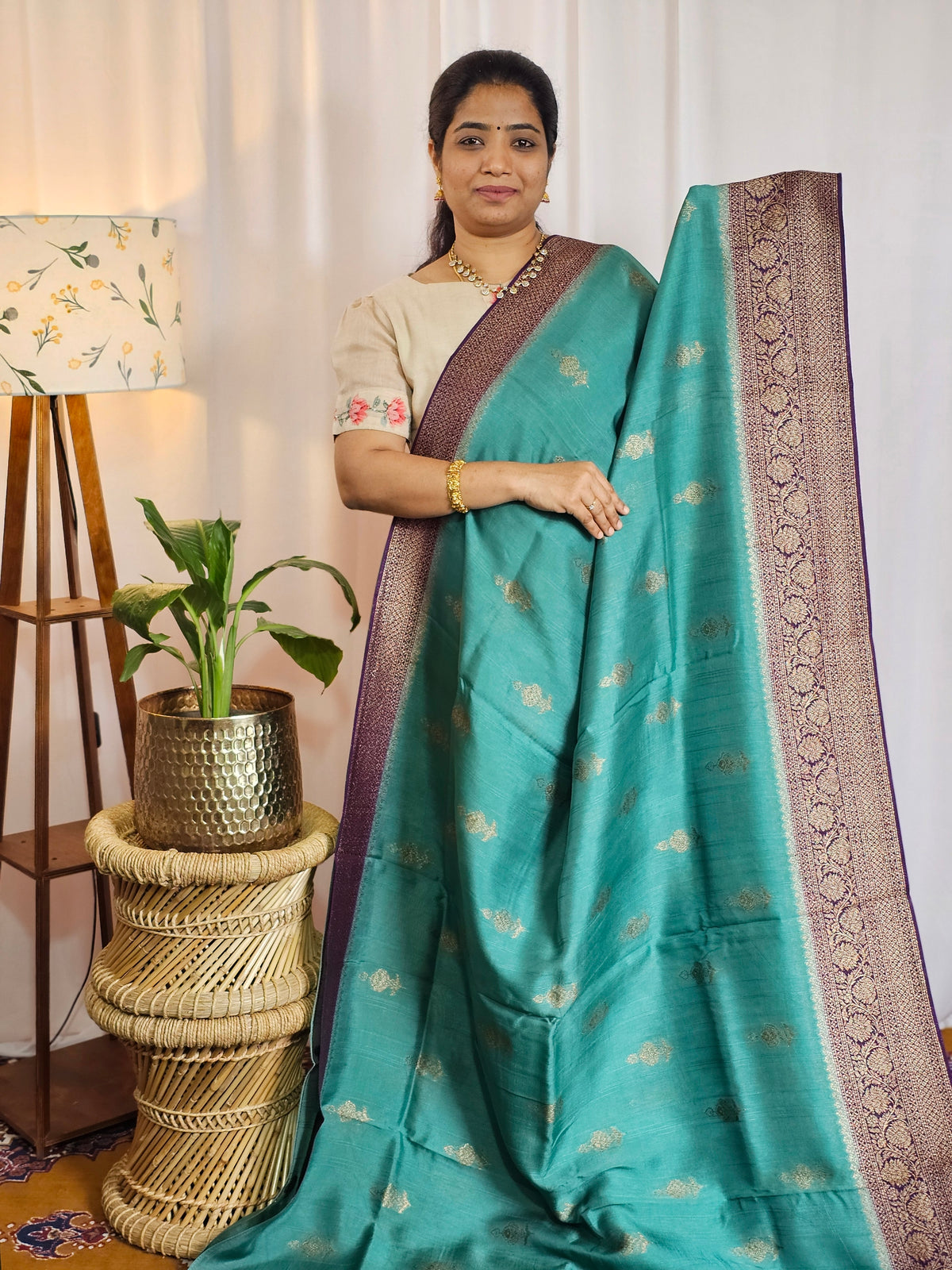 Jute Banarasi Silk Saree - Teal Green with Purple