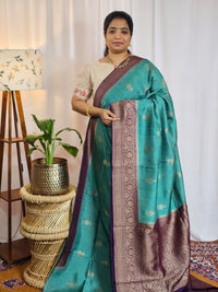 Jute Banarasi Silk Saree - Teal Green with Purple