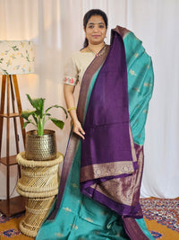 Jute Banarasi Silk Saree - Teal Green with Purple