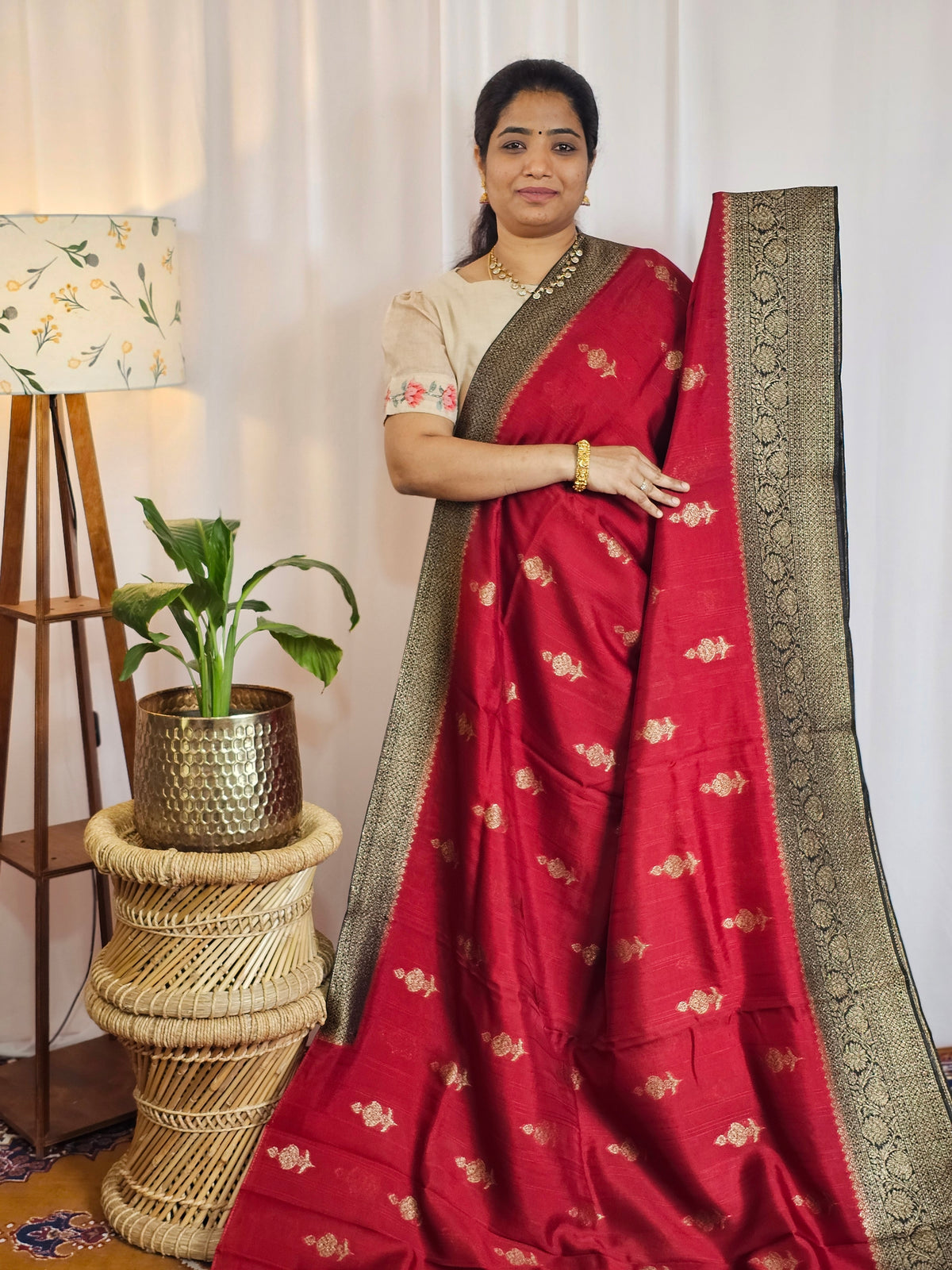 Jute Banarasi Silk Saree - Dark Maroon with Black