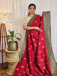 Jute Banarasi Silk Saree - Dark Maroon with Black