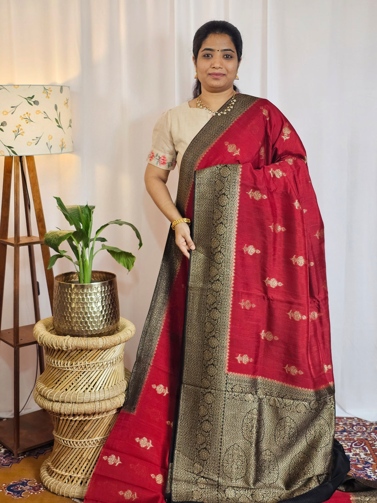 Jute Banarasi Silk Saree - Dark Maroon with Black