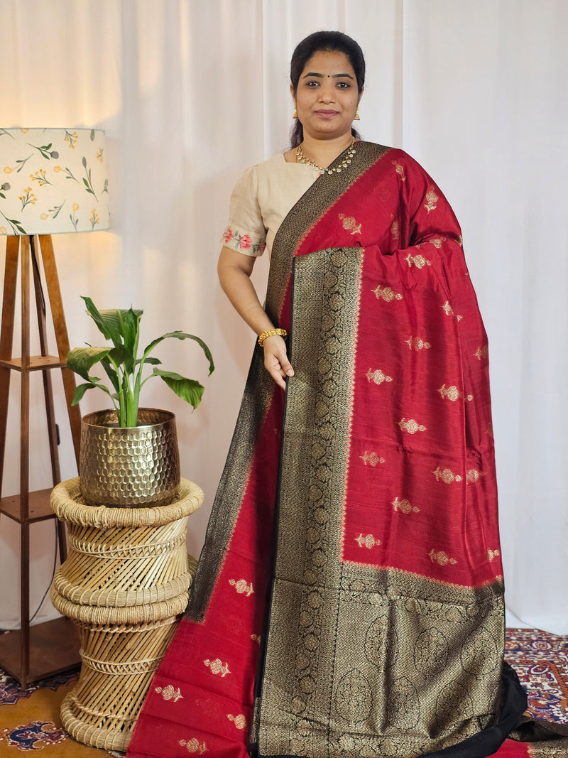 Jute Banarasi Silk Saree - Dark Maroon with Black