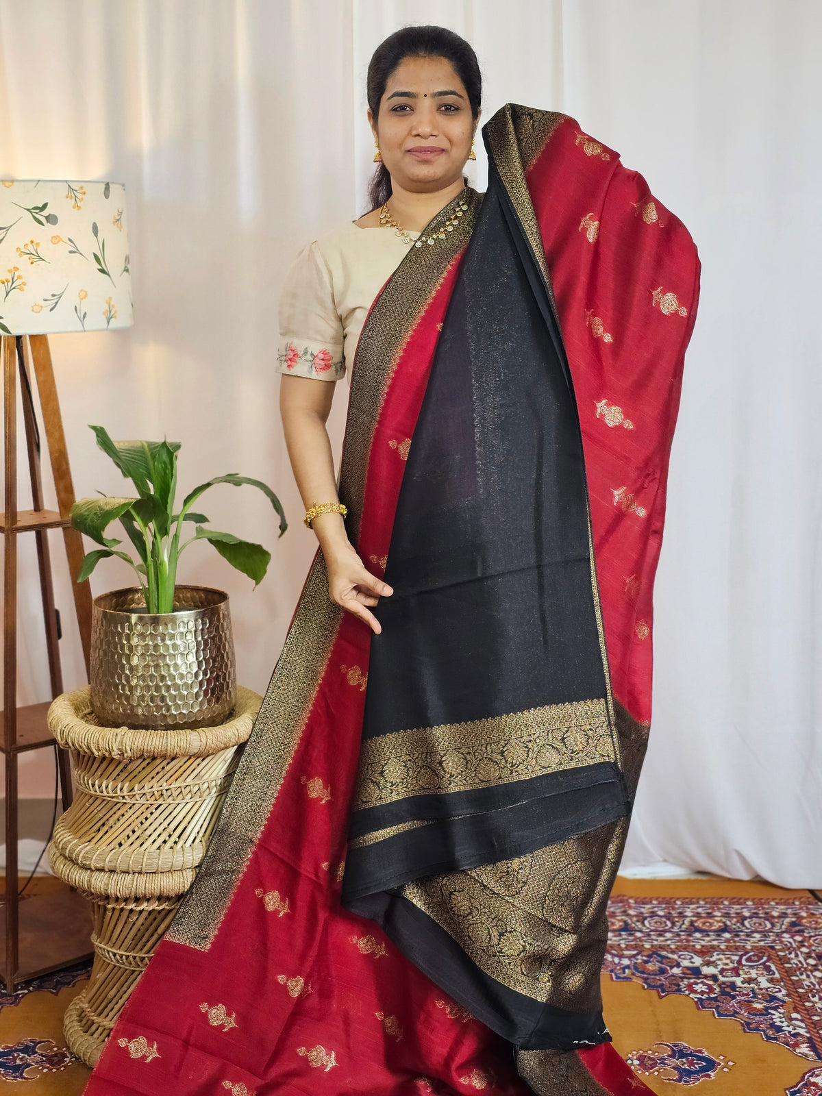 Jute Banarasi Silk Saree - Dark Maroon with Black