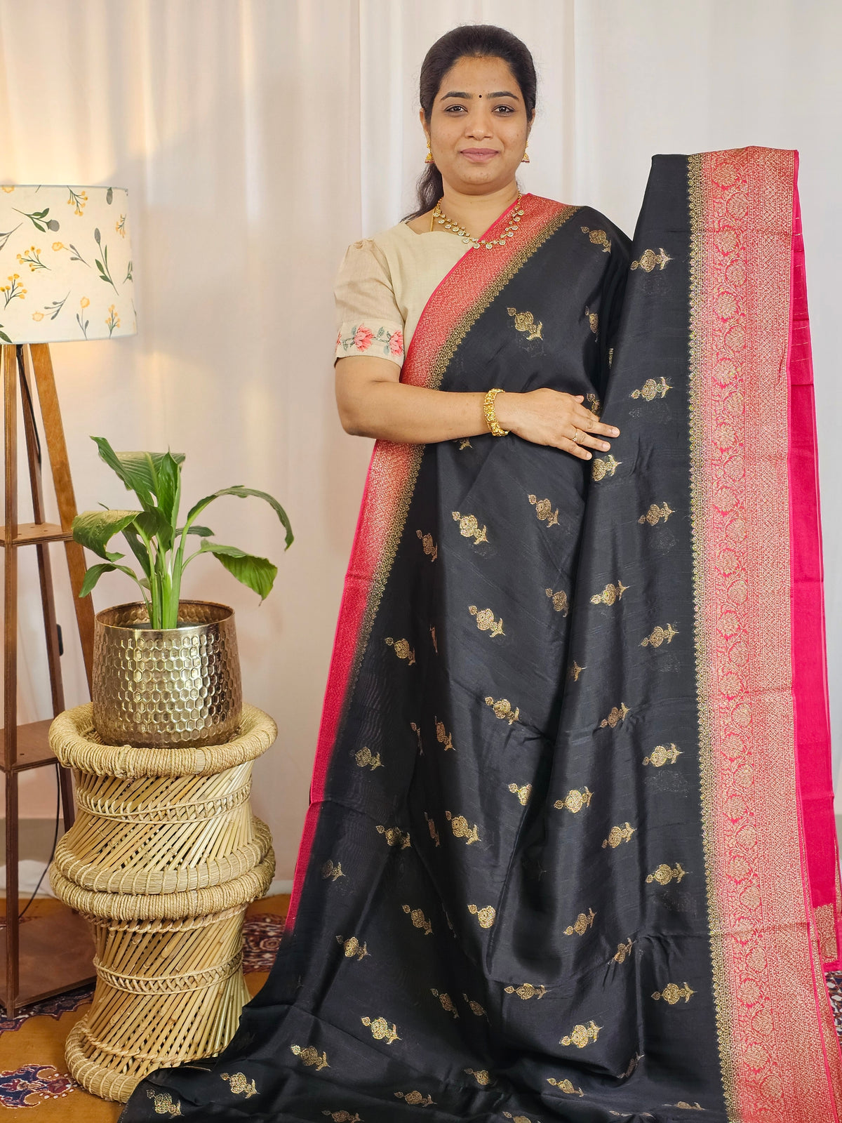 Jute Banarasi Silk Saree - Black with Pink
