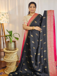 Jute Banarasi Silk Saree - Black with Pink