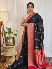Jute Banarasi Silk Saree - Black with Pink