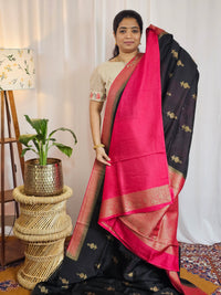 Jute Banarasi Silk Saree - Black with Pink