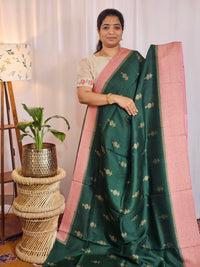 Jute Banarasi Silk Saree - Bottle Green with Pink