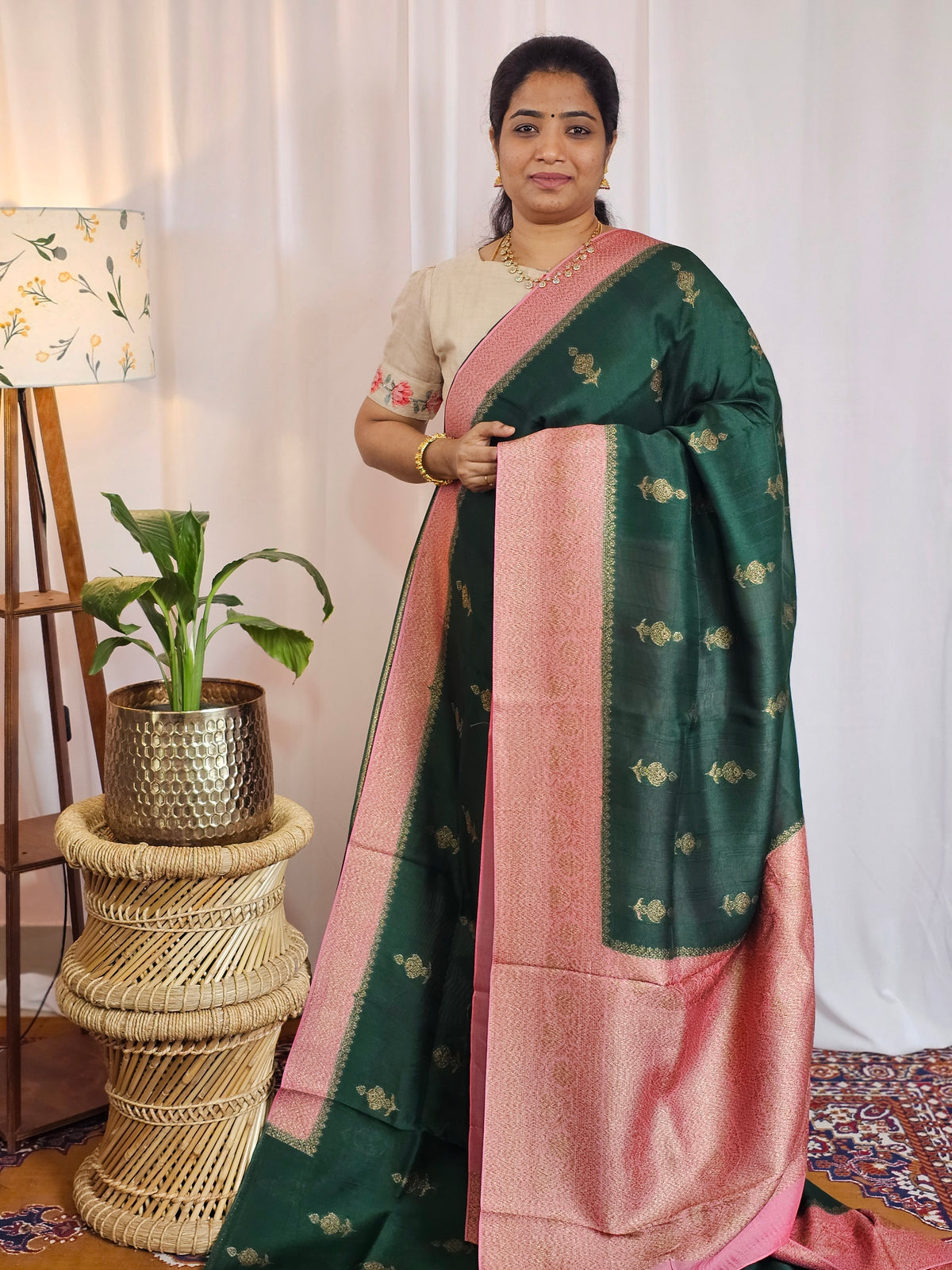 Jute Banarasi Silk Saree - Bottle Green with Pink