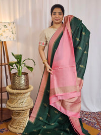 Jute Banarasi Silk Saree - Bottle Green with Pink