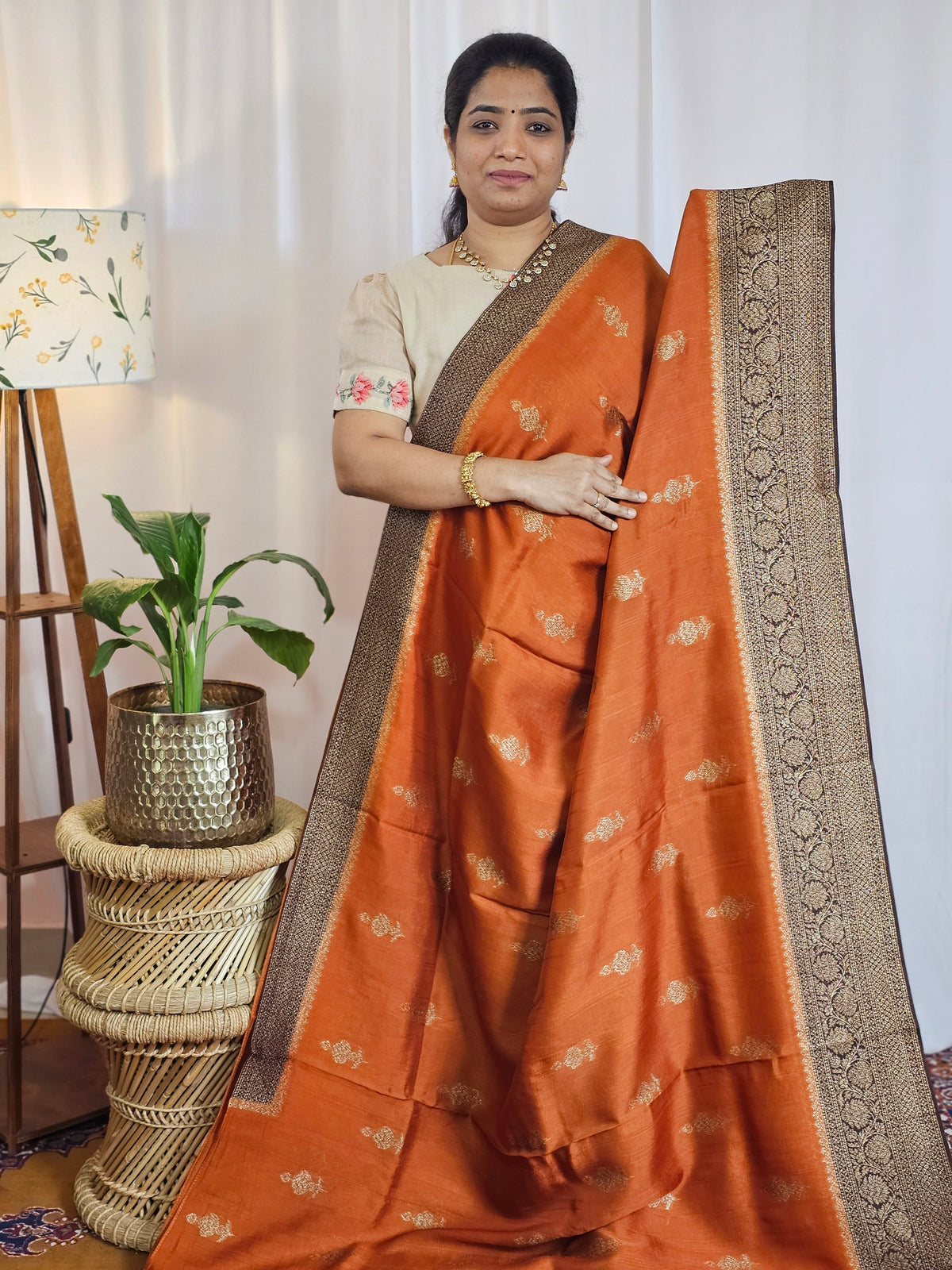Jute Banarasi Silk Saree - Rust Orange with Brown