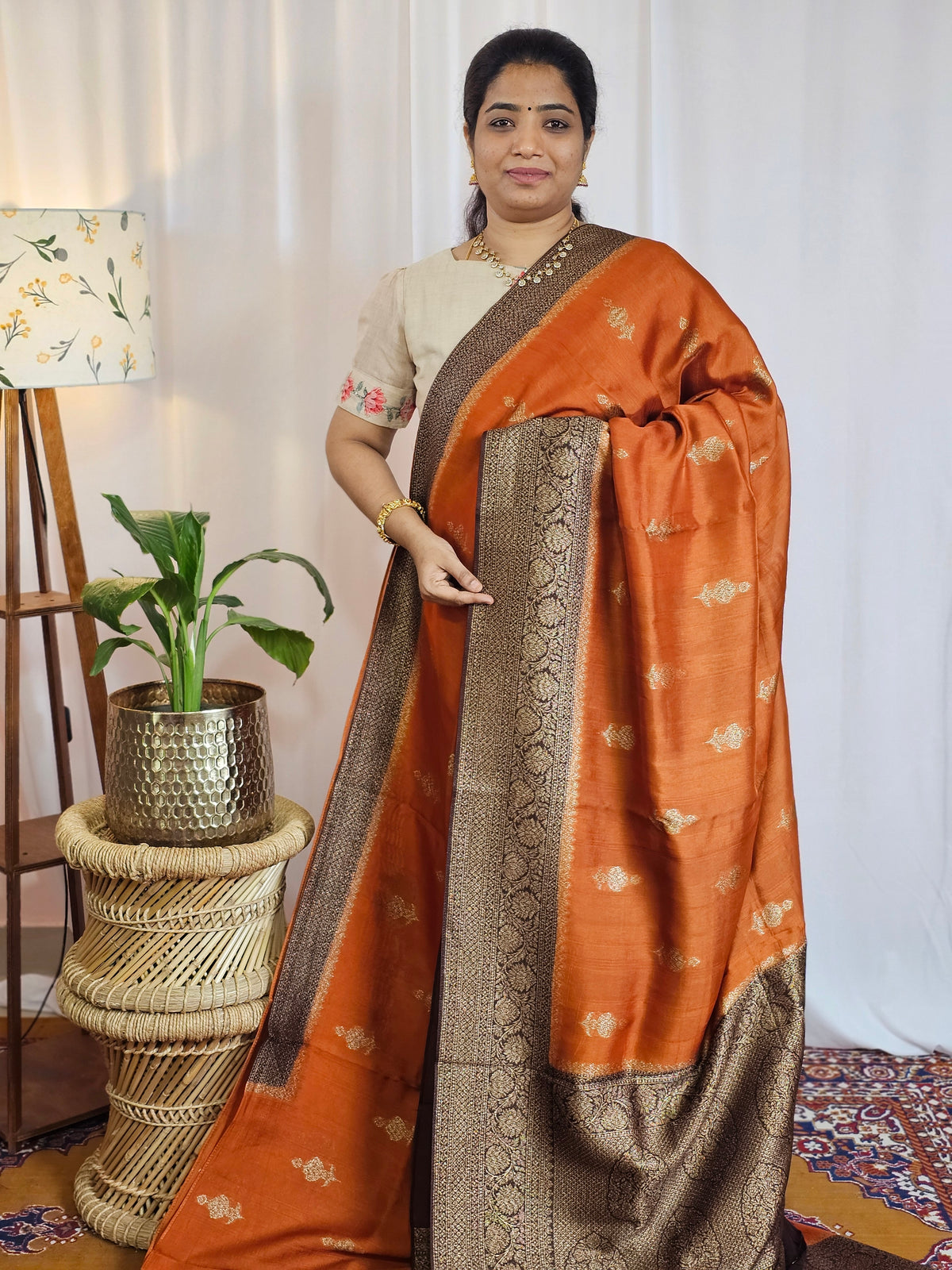 Jute Banarasi Silk Saree - Rust Orange with Brown
