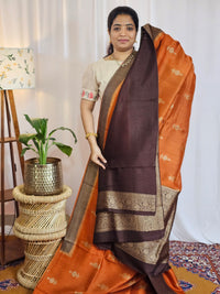 Jute Banarasi Silk Saree - Rust Orange with Brown