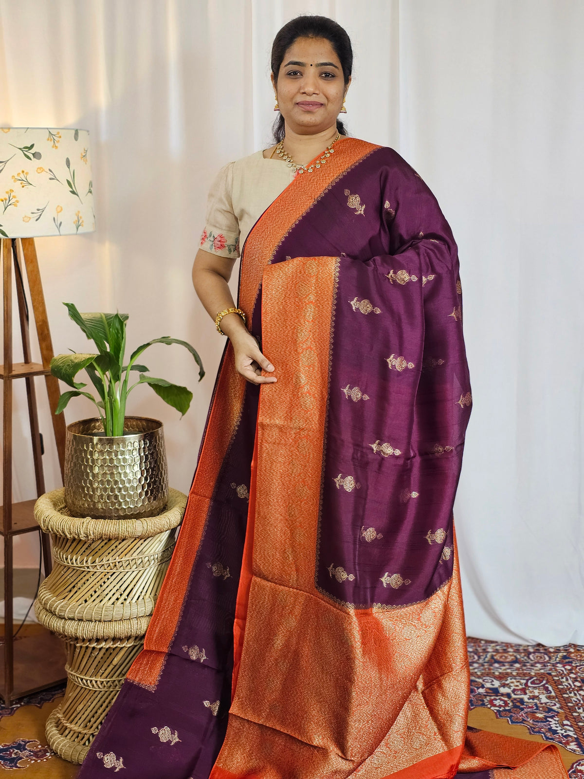 Jute Banarasi Silk Saree - Wine with Orange