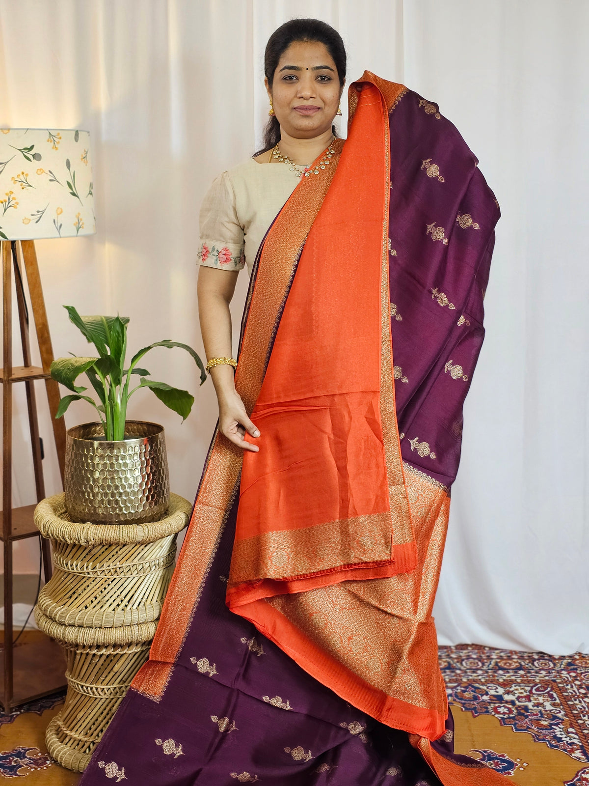 Jute Banarasi Silk Saree - Wine with Orange