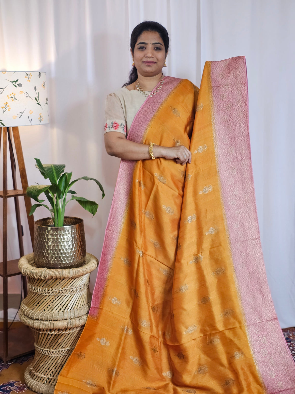 Jute Banarasi Silk Saree - Yellowish Orange with Pink