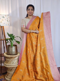 Jute Banarasi Silk Saree - Yellowish Orange with Pink