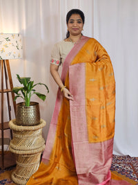 Jute Banarasi Silk Saree - Yellowish Orange with Pink