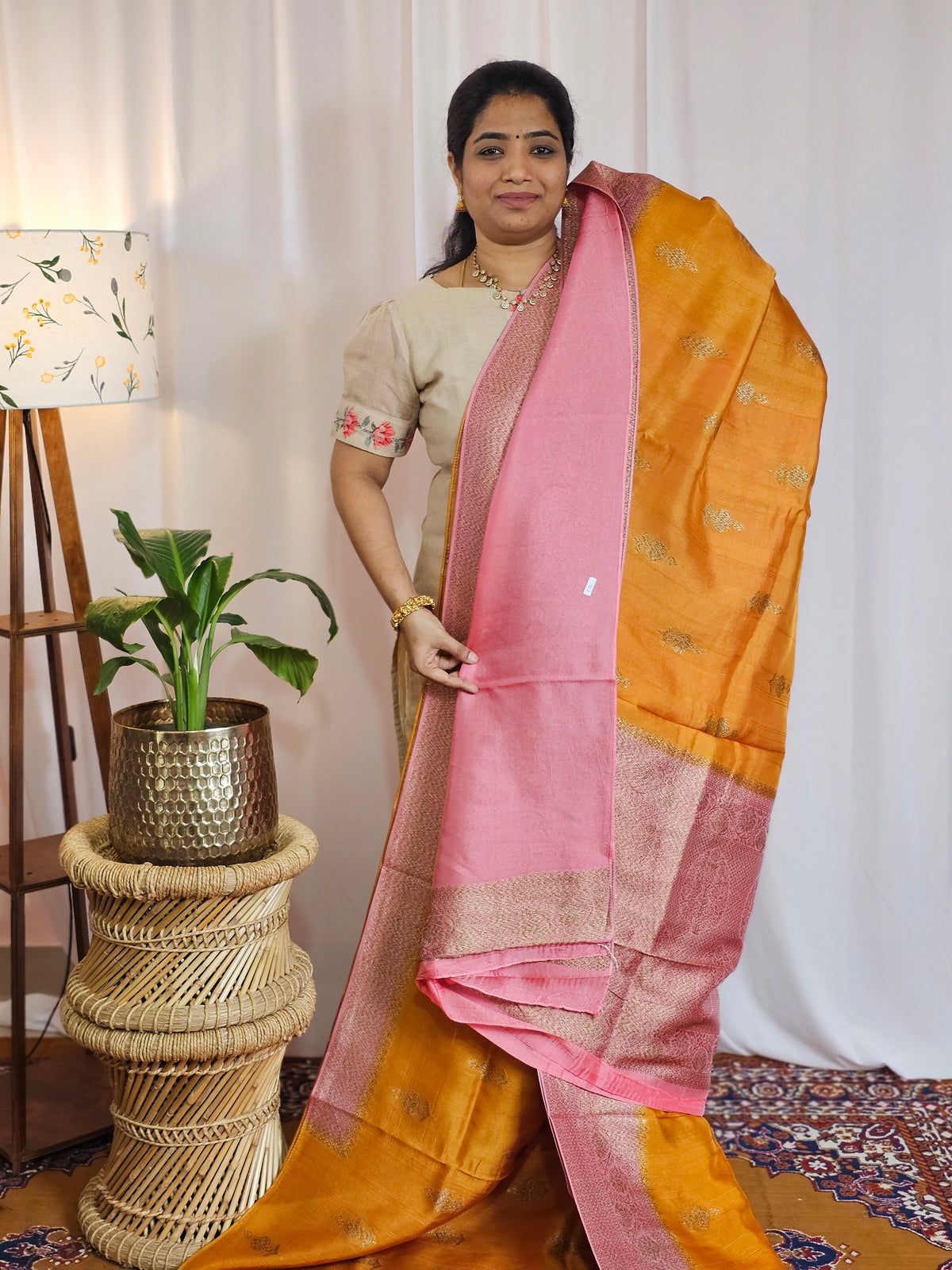 Jute Banarasi Silk Saree - Yellowish Orange with Pink