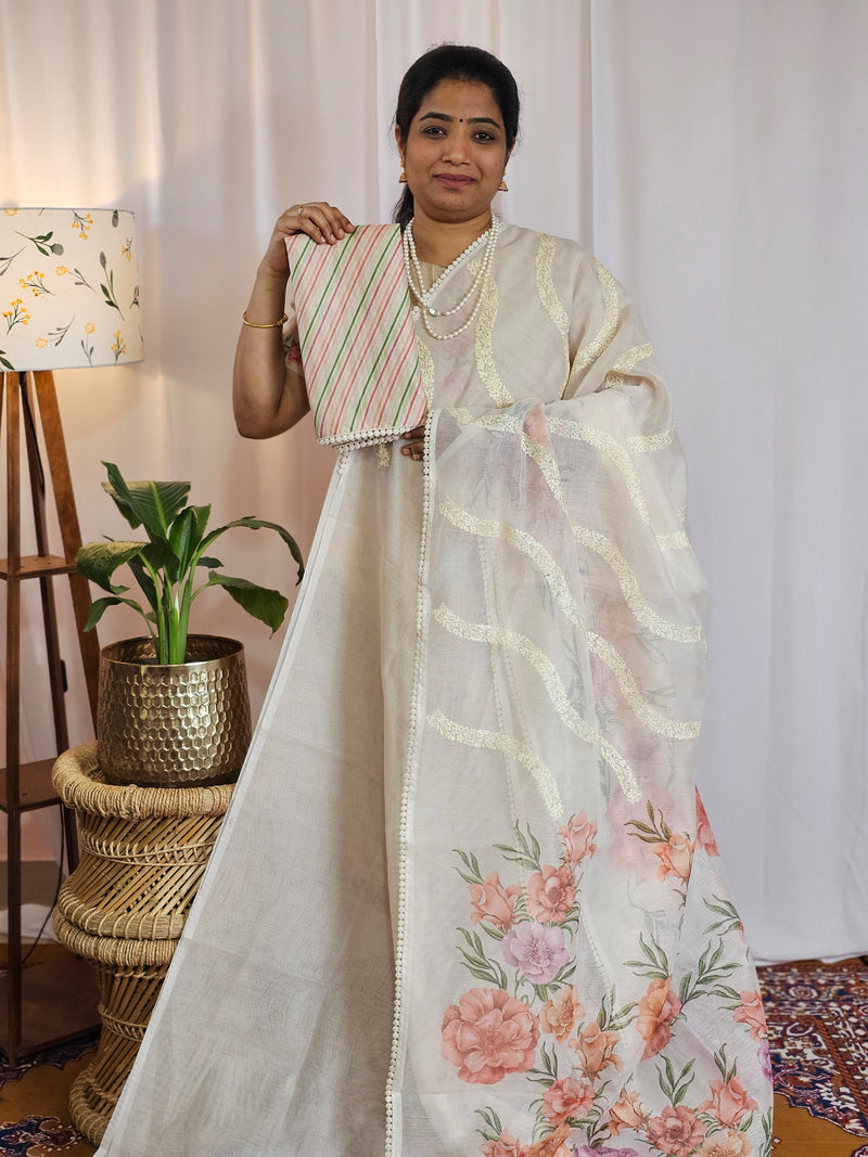 Soft Super Net Kota Sarees - Cream with Peach