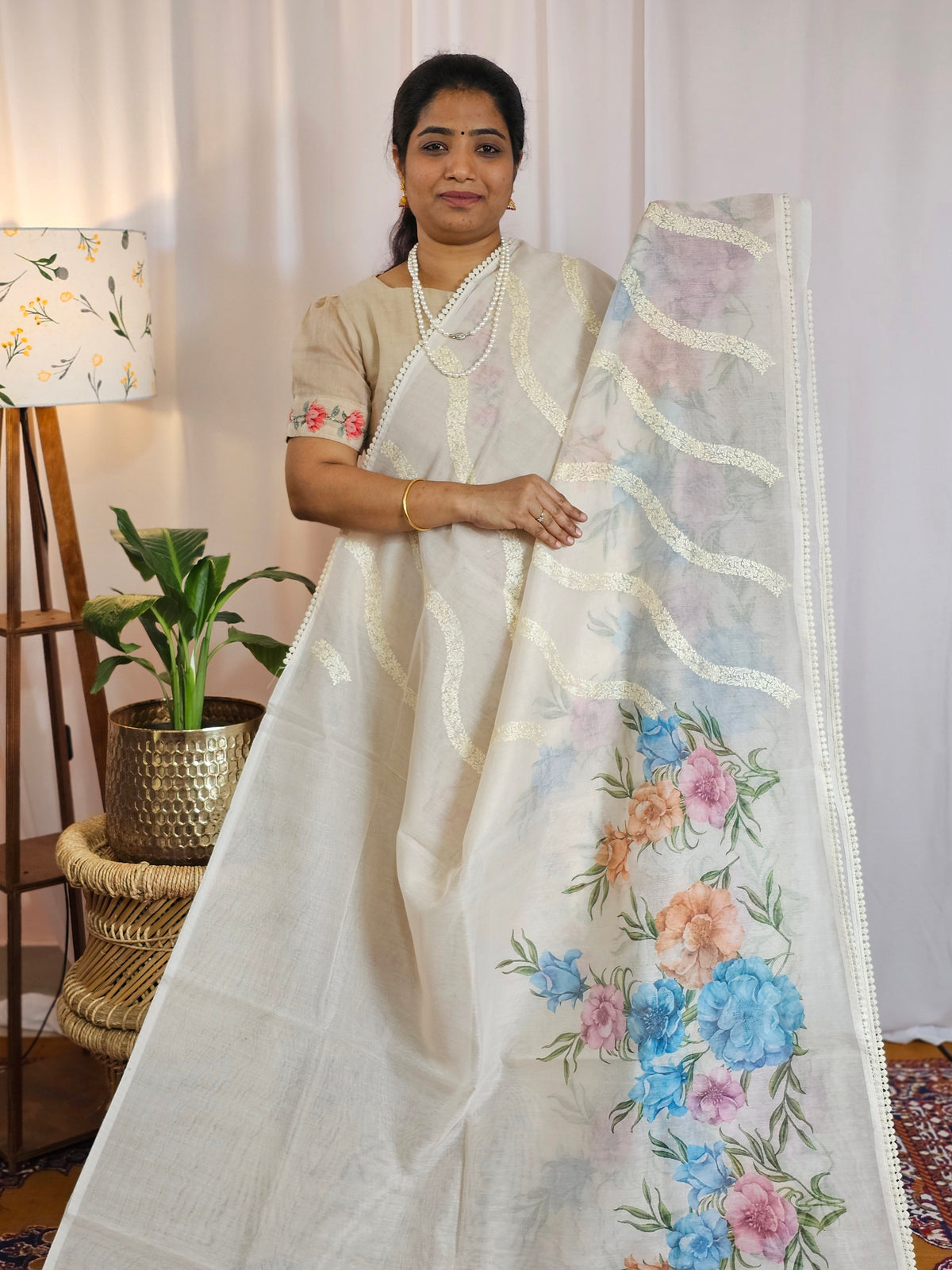 Soft Super Net Kota Sarees - Cream with Blue