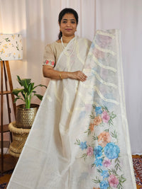 Soft Super Net Kota Sarees - Cream with Blue