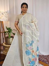 Soft Super Net Kota Sarees - Cream with Blue