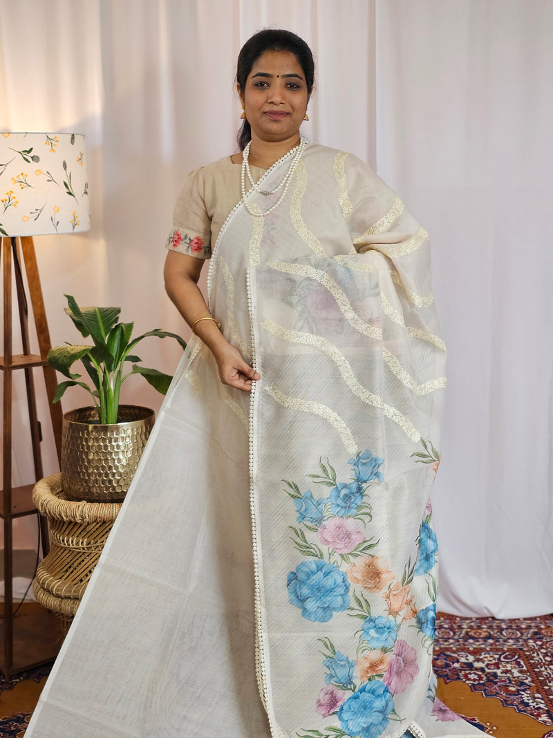 Soft Super Net Kota Sarees - Cream with Blue