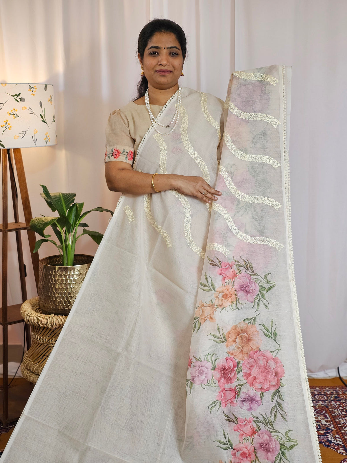 Soft Super Net Kota Sarees - Cream with Pink