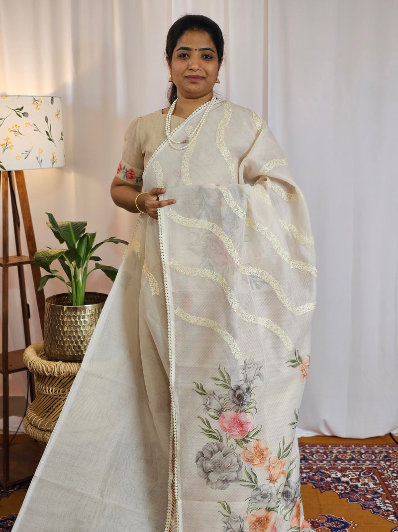 Soft Super Net Kota Sarees - Cream with Grey