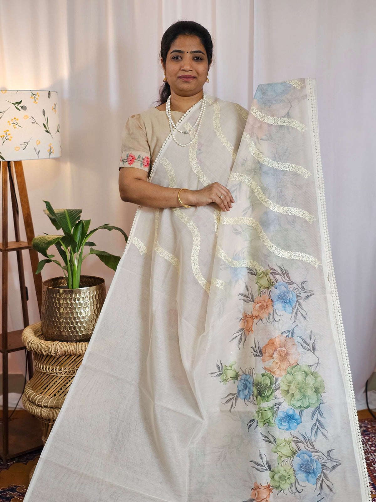 Soft Super Net Kota Sarees - Cream with Green
