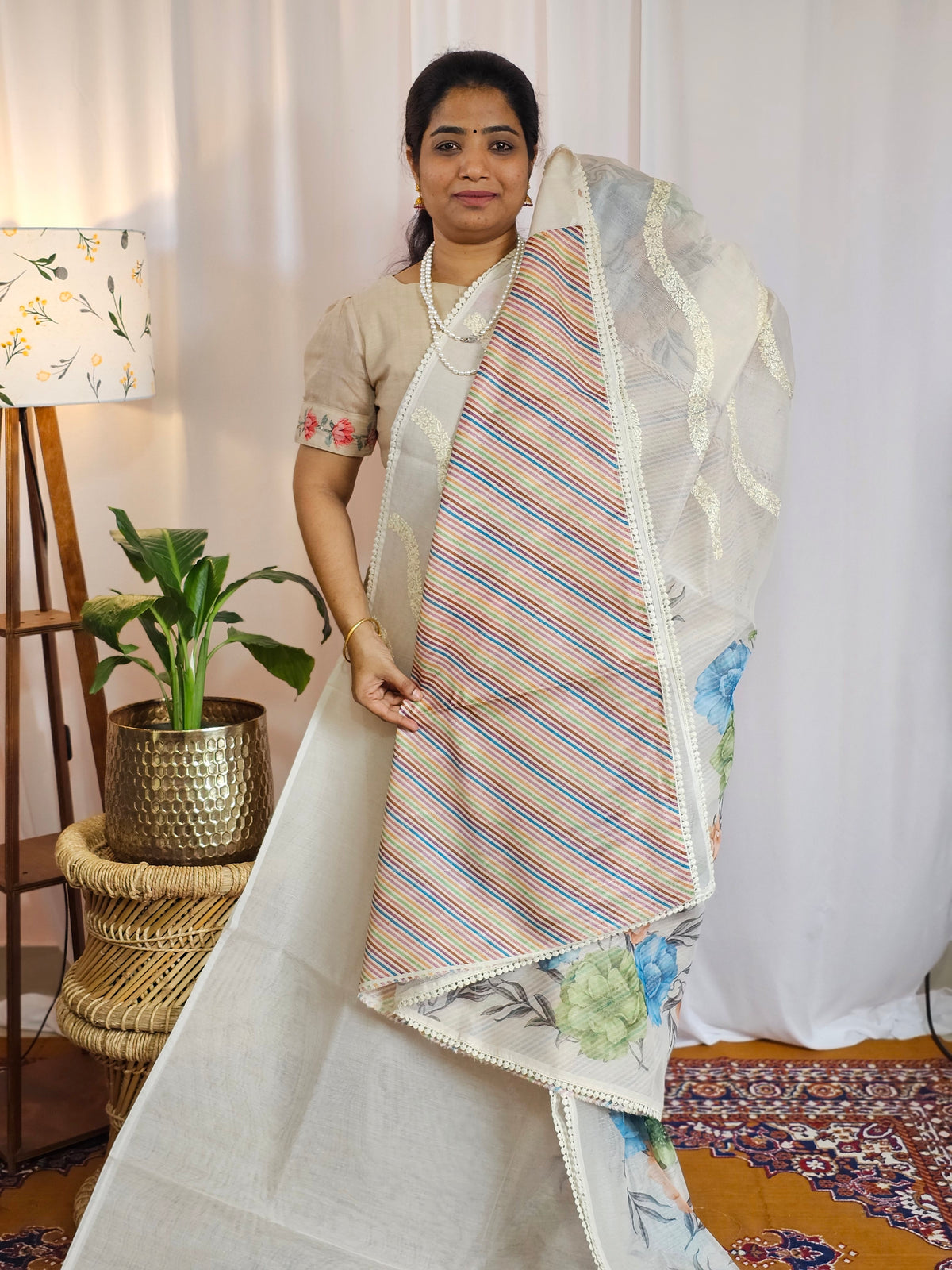 Soft Super Net Kota Sarees - Cream with Green