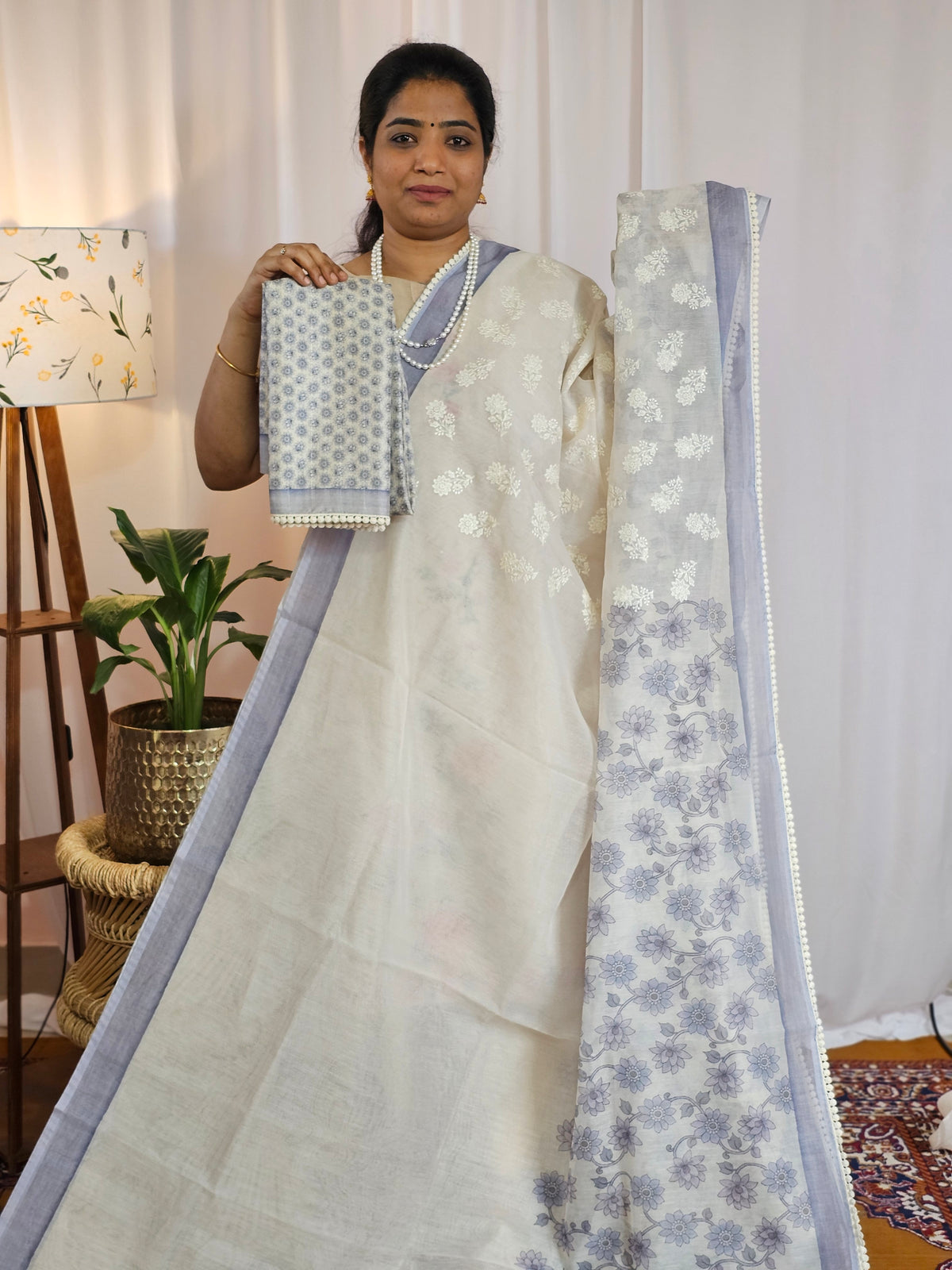 Soft Super Net Kota Sarees - Cream with Violet