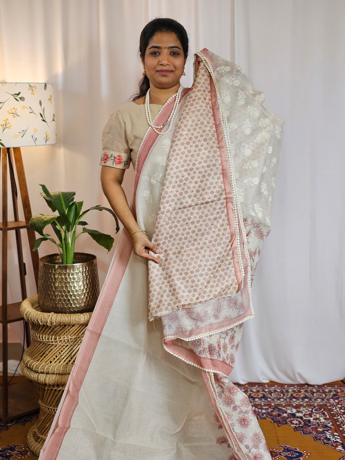 Soft Super Net Kota Sarees - Cream with Peach