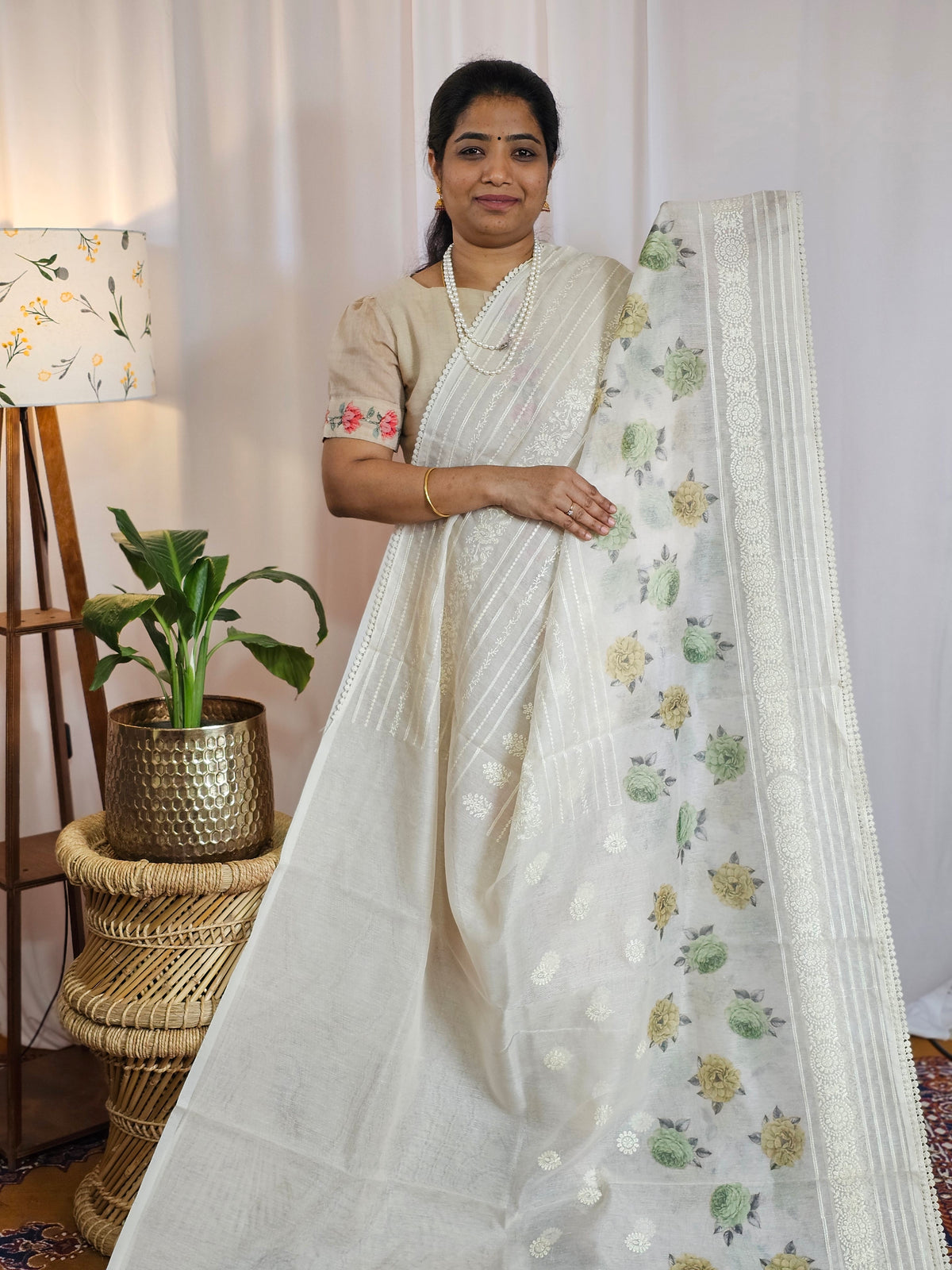 Soft Super Net Kota Sarees - Cream with Green