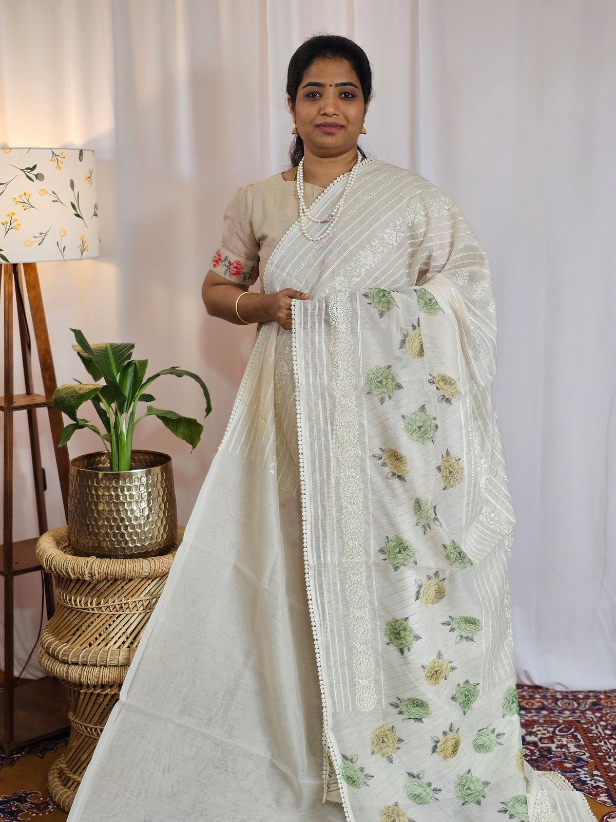 Soft Super Net Kota Sarees - Cream with Green