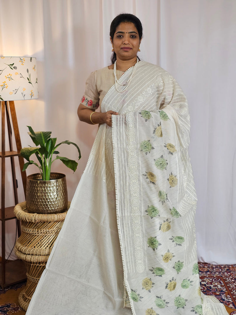 Soft Super Net Kota Sarees - Cream with Green