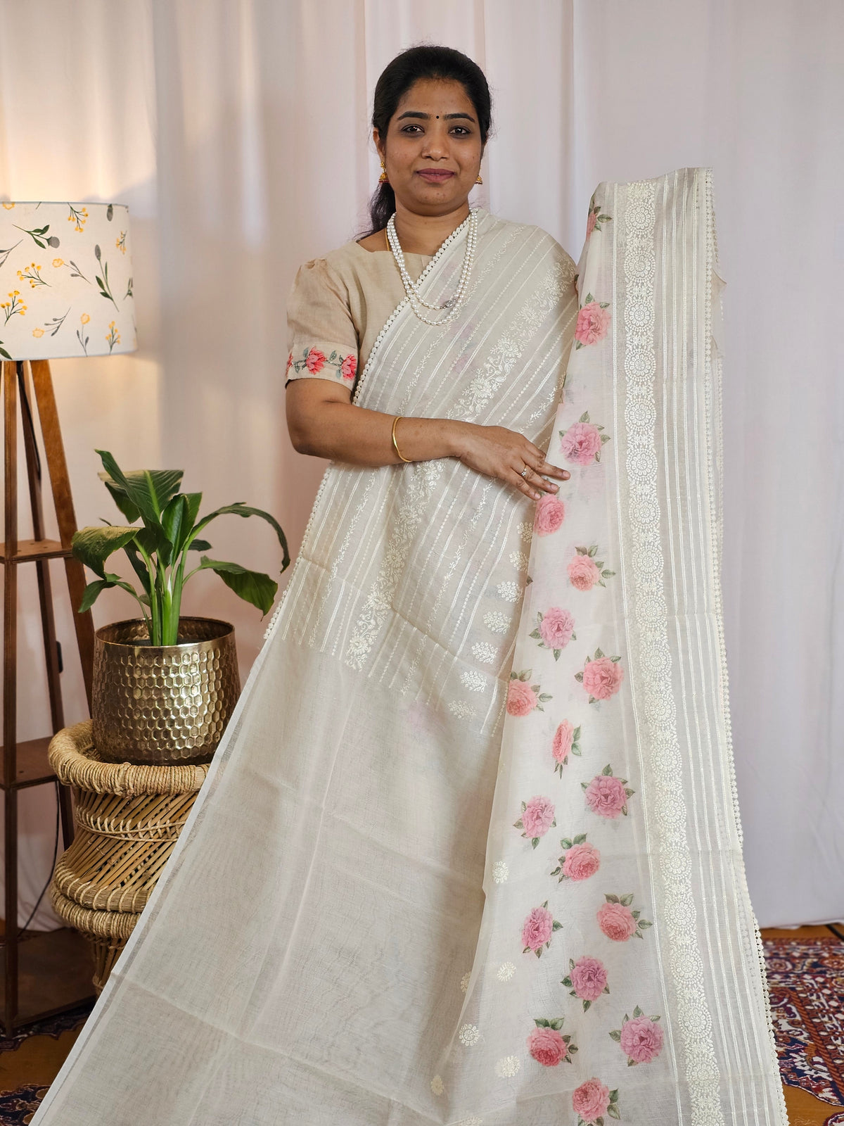 Soft Super Net Kota Sarees - Cream with Pink