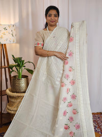 Soft Super Net Kota Sarees - Cream with Pink