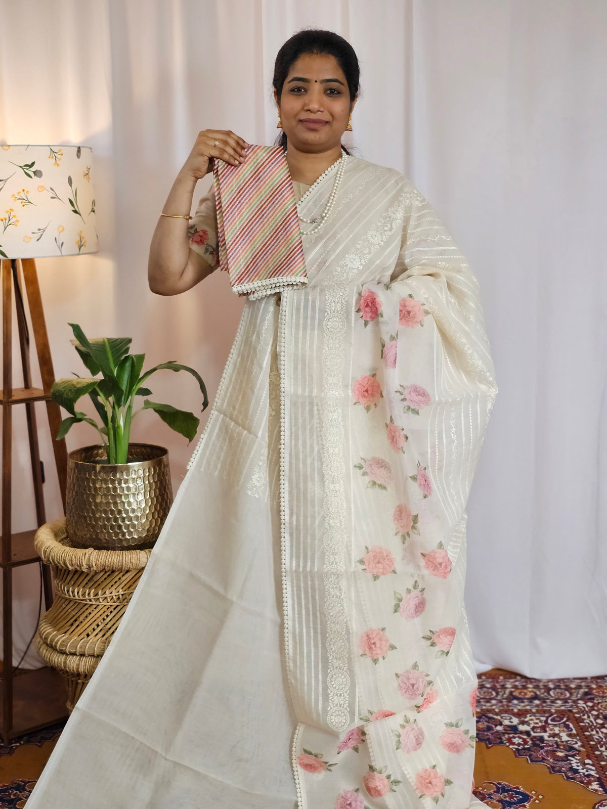 Soft Super Net Kota Sarees - Cream with Pink