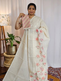 Soft Super Net Kota Sarees - Cream with Pink