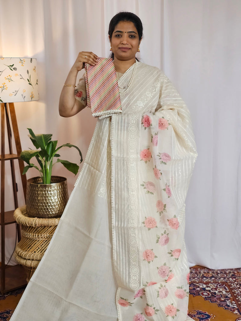 Soft Super Net Kota Sarees - Cream with Pink