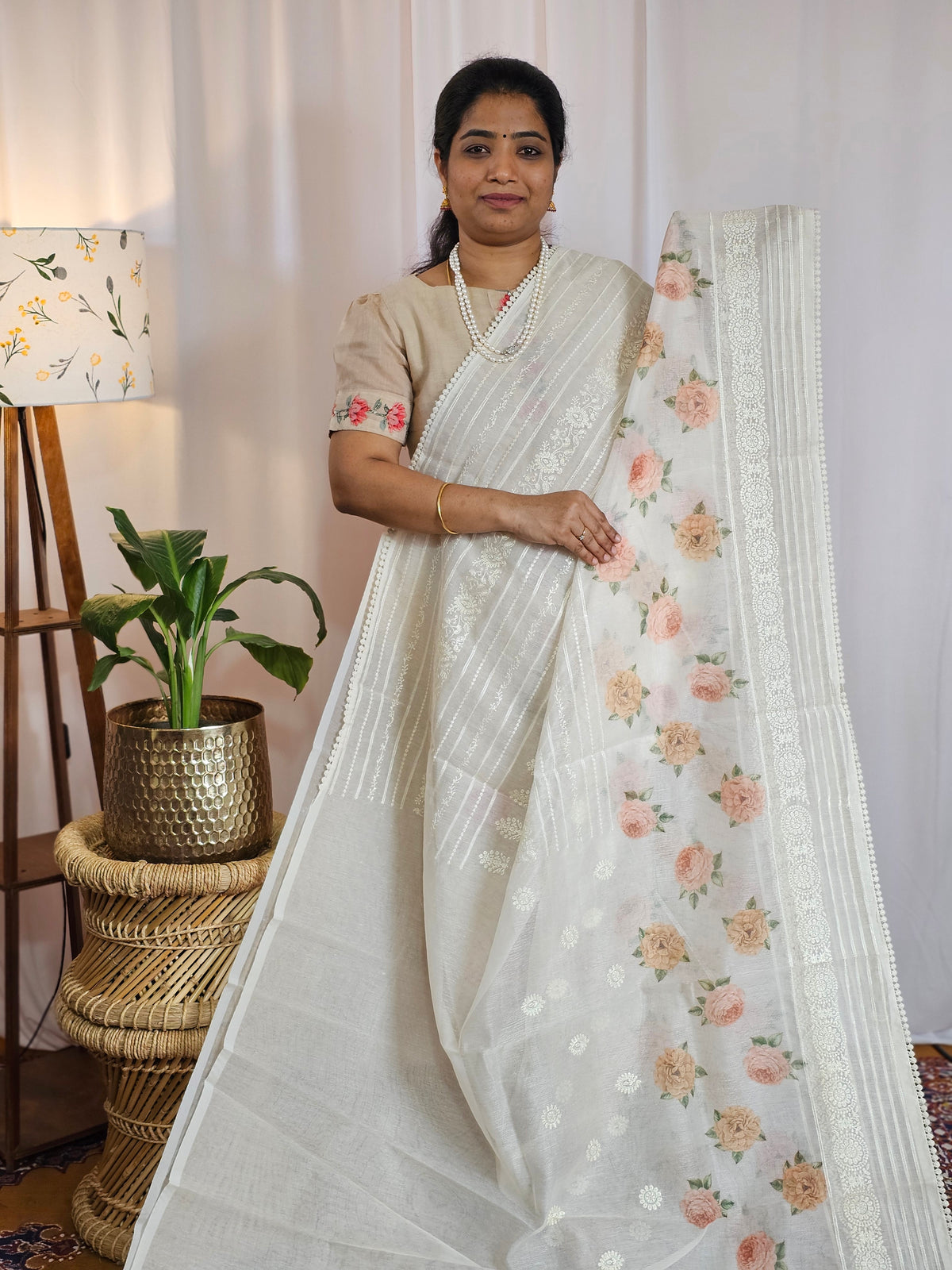 Soft Super Net Kota Sarees - Cream with Peach