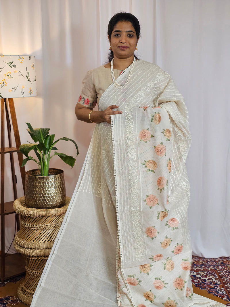 Soft Super Net Kota Sarees - Cream with Peach