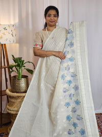 Soft Super Net Kota Sarees - Cream with Blue