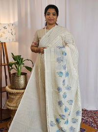 Soft Super Net Kota Sarees - Cream with Blue