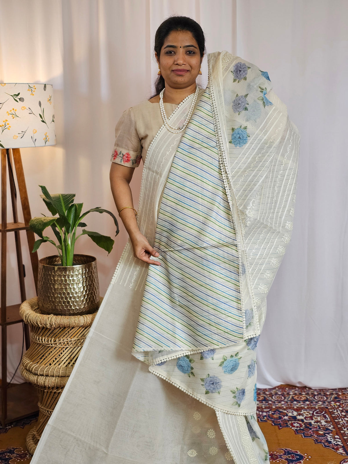 Soft Super Net Kota Sarees - Cream with Blue