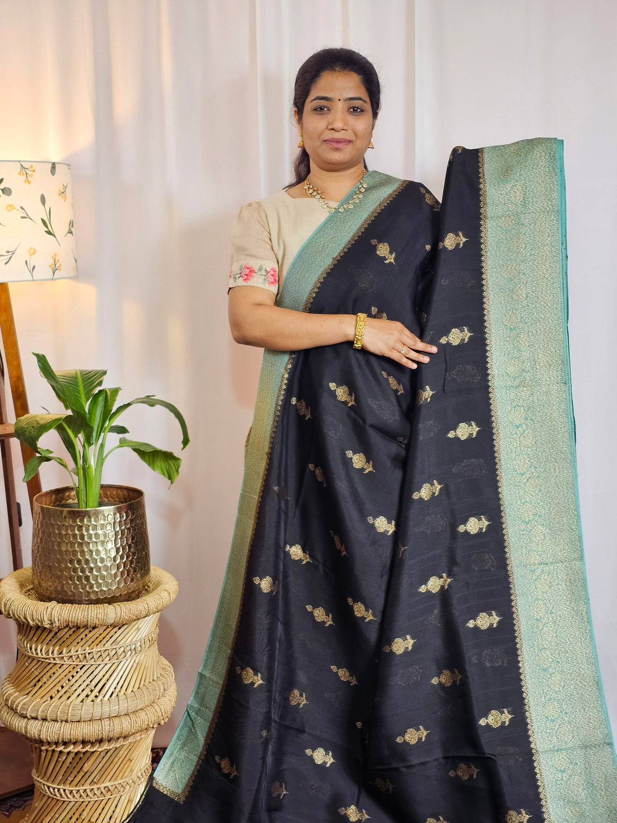 Jute Banarasi Silk Saree - Black with Teal Green