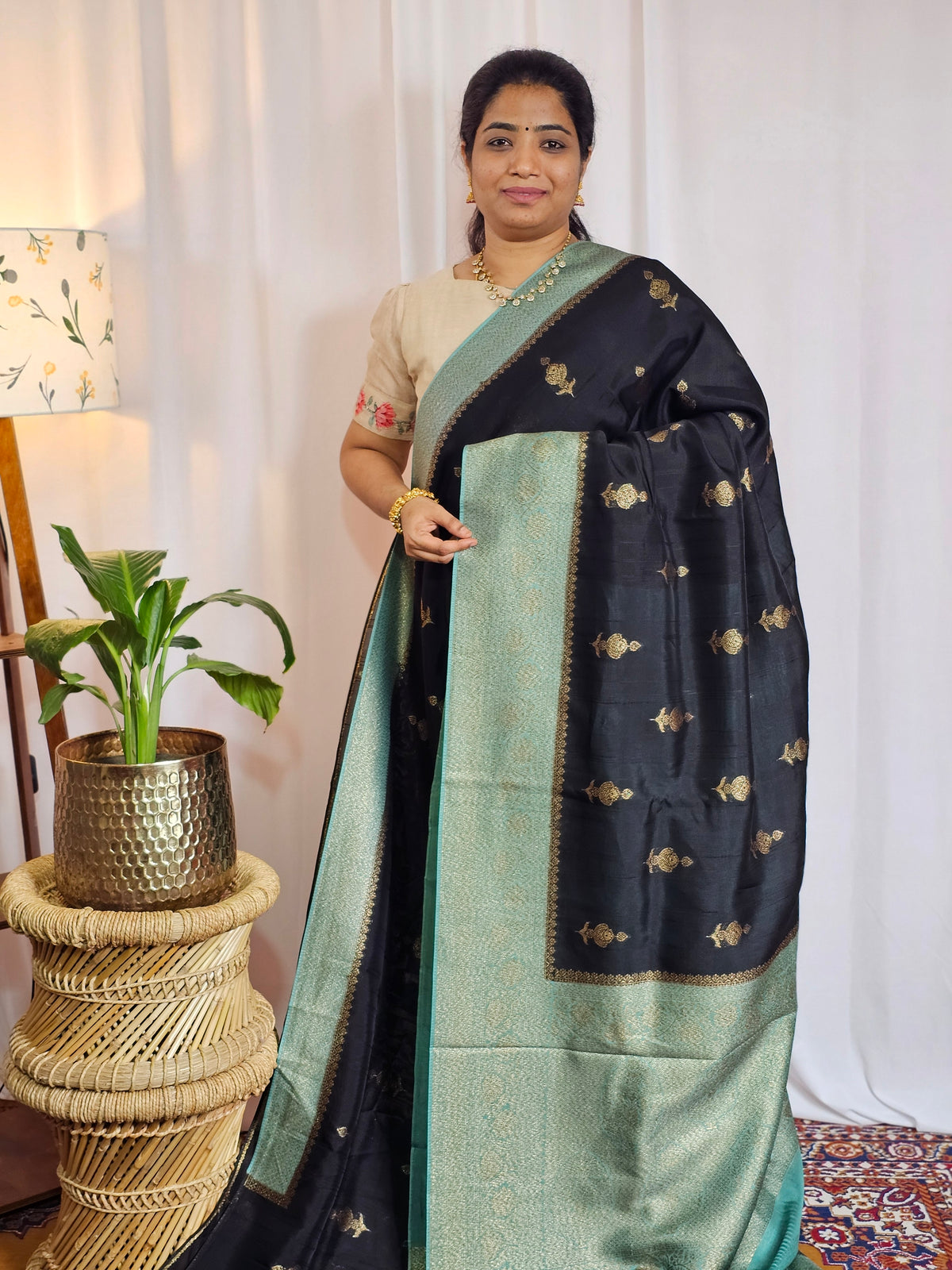 Jute Banarasi Silk Saree - Black with Teal Green